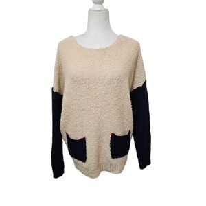 Alphabet Teddy Sweater Button Up Back Navy Blue/ Beige Red Stitching XL